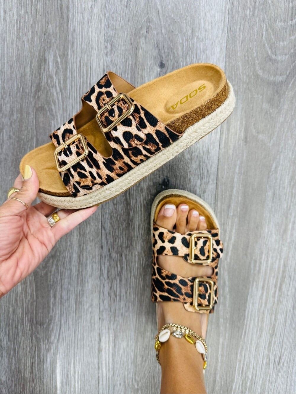 SODA Leopard Print Double Buckle Slide Sandals - Tan/Black